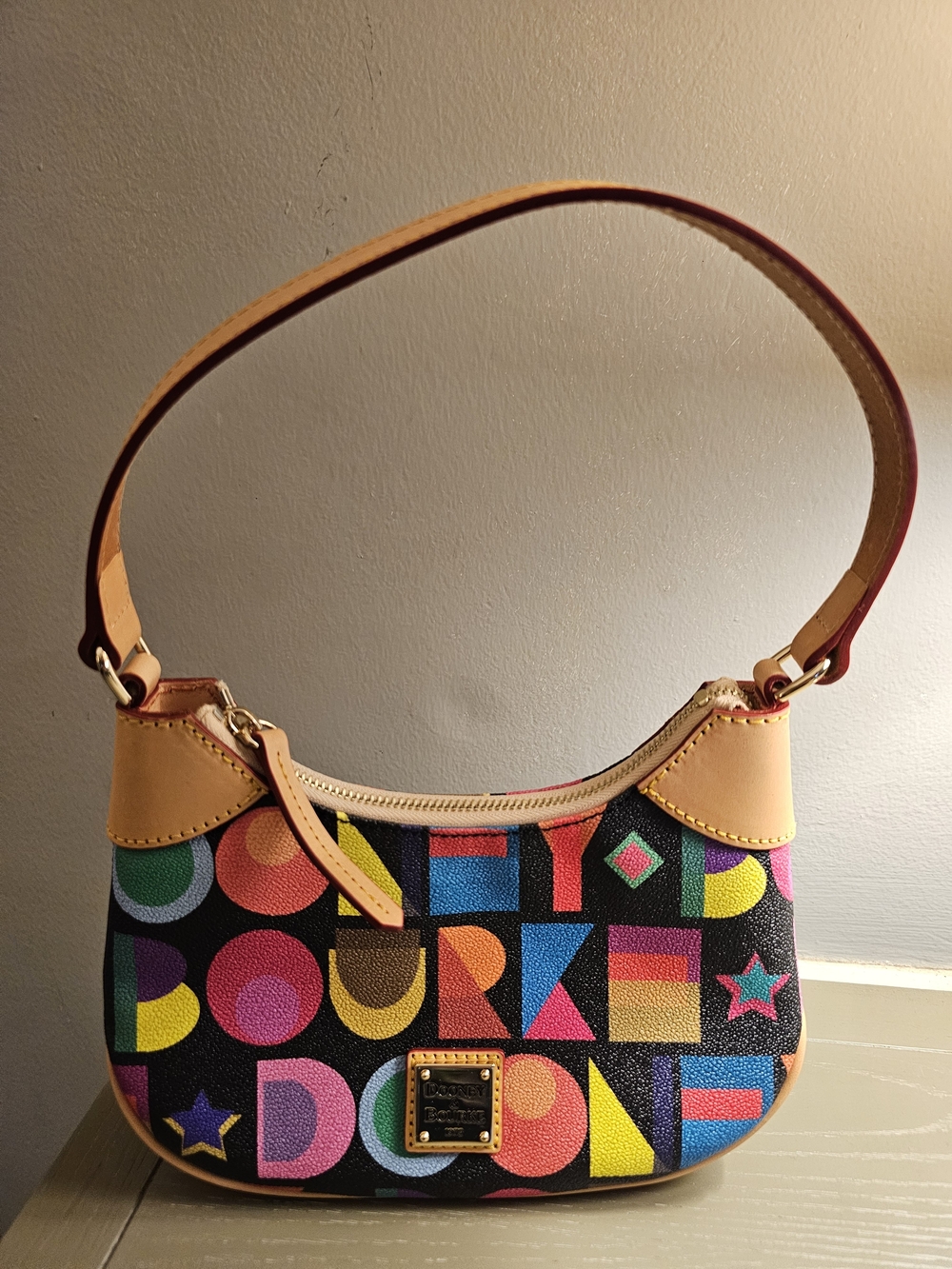 Dooney & Bourke Black Multicolor Logo Shoulder Bag with Tan Trim